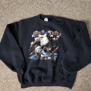 VTG Motorcycle Biker Sweatshirt Born to Be Free‎ Bald Eagle Flag Large Black